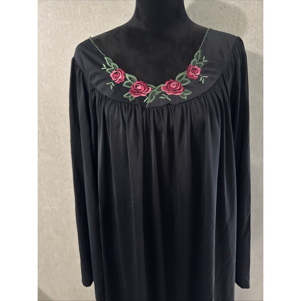 Shadowline Nightgown 3X Black Pink Rose Embroidered Nylon Long Maxi Plus Size